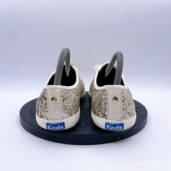 Kate Spade X Keds Glitter Sneakers Womens 8.5 Gold Low Ribbon Lace Casual - Picture 3 of 9